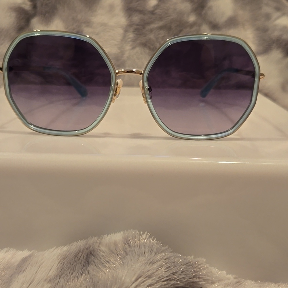 Kate Spade Nicola Gold Teal Hexagonal Sunglasses Brand New In Case - Picture 4 of 13
